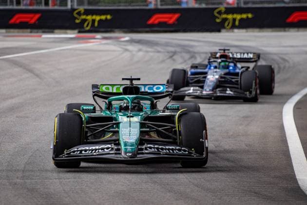 Formula 1 GP Singapore Saturday, 04 10 2025 Lance Stroll 18, Aston Martin Aramco F1 Team and Alexander Albon 23, Williams Racing Formula 1 GP Singapore Saturday, 04 10 2025 Copyright: xBEAUTIFULxSPORTS Erlhofx