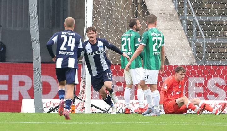 Sebastian Grönning cheers after 1 0, Jon Dagur Thorsteinsson joy emotion jubilation Sport Football Soccer DFL 2 Bundesliga Men 8 Matchday Season 2025 2026 04 10 2025 Hertha BSC Berlin vs Preußen Münster DFL regulations prohibit any use of photographs as image sequences and or quasi video
