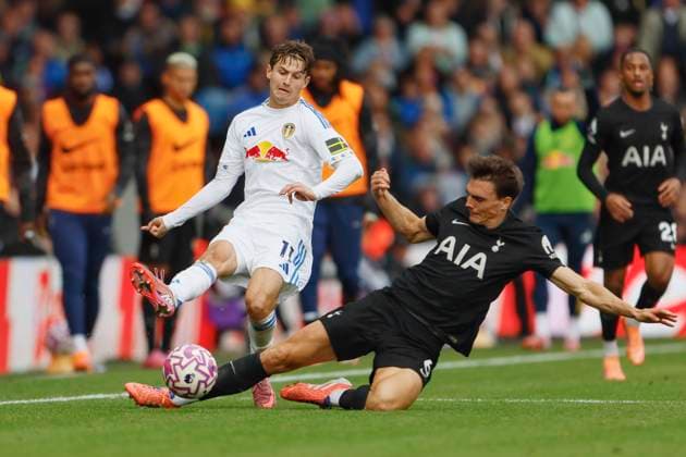 Leeds United v Tottenham Hotspur Premier League 041-0, GOAL scored by 2025. Leeds United s Brenden Aaronson (11) is fouled by Tottenham s Joao Palhinha (6) during the Premier League match between Leeds United and Tottenham Hotspur at Elland Road, Leeds, England on 4 October 2025. Leeds Elland Road West Yorkshire England Editorial use only DataCo restrictions apply See www.football-dataco.com , Copyright: xx PSI-22981-0011