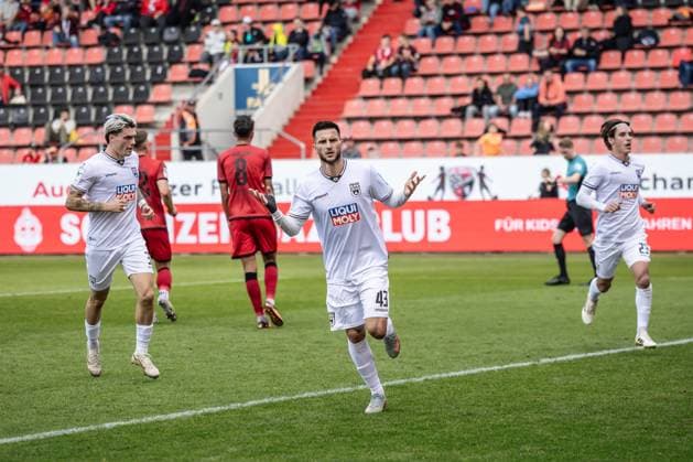 Football, Season 2025 2026, 3 Liga, Audi Sportpark Ingolstadt, Matchday 10, FC Ingolstadt SSV Ulm 1846 Soccer, 04 10 2025 04 10 2025, Football, Season 2025 2026, 3 Liga, Audi Sportpark Ingolstadt, Matchday 10, FC Ingolstadt SSV Ulm 1846 Soccer, Goal celebration joy after scoring Goal shot to 1 1 from the penalty spot by 43 Leon Dajaku SSV Ulm 1846 Soccer Photo Lucca Fundel Ingolstadt Audi Sportpark Bayern Germany