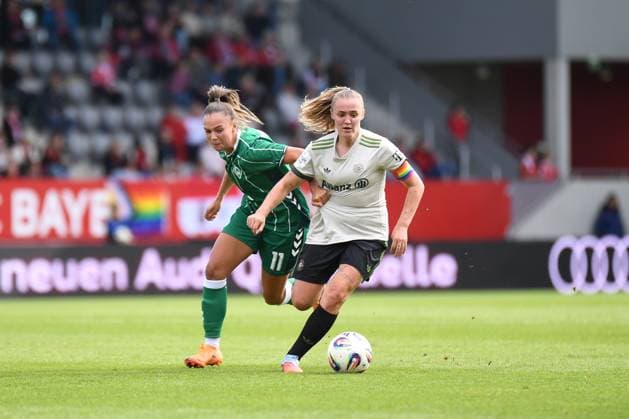 Maja Sternad 11 Bremen and Georgia Stanway 31 FC Bayern in action at the Google Pixel Womens Bundesliga match FC Bayern Munich SV Werder Bremen on 04 10 2025 Munich FC Bayern Campus Bayern Germany