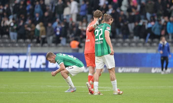 Jano ter Horst, goalkeeper Johannes Schenk, Jannis Heuer disappointed after the end of the match Disappointment Sport Soccer Football DFL 2 Bundesliga Men 8 Matchday Season 2025 2026 04 10 2025 Hertha BSC Berlin vs Preußen Münster DFL regulations prohibit any use of photographs as image sequences and or quasi video