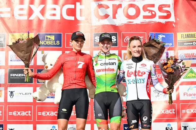 Dutch Aniek Van Alphen, Dutch Inge van der Heijden, and and Belgian Alicia Franck pictured on the podium after the women s elite race of the Exact Cross, stage 1 (out of 7) in the Exact Cross cyclocross competition, in Meulebeke, on Saturday 04 October 2025. MAARTENxSTRAETEMANS  x136050791x