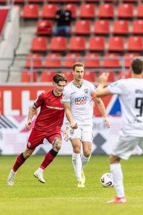 Football, Season 2025 2026, 3 League, Audi Sportpark Ingolstadt, Matchday 10, FC Ingolstadt SSV Ulm 1846 Football, 04 10 2025 04 10 2025, Football, Season 2025 2026, 3 League, Audi Sportpark Ingolstadt, Matchday 10, FC Ingolstadt SSV Ulm 1846 Football, v l 11 Frederik Christensen FC Ingolstadt , 14 Dennis Dressel SSV Ulm 1846 Football photo Lucca Fundel Ingolstadt Audi Sportpark Bayern Germany