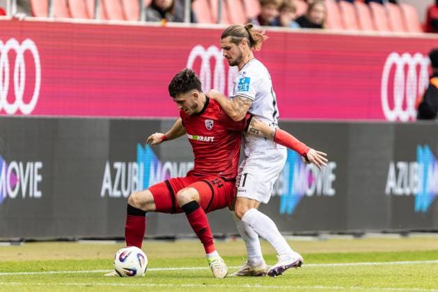 Football, Season 2025 2026, 3 League, Audi Sportpark Ingolstadt, Matchday 10, FC Ingolstadt SSV Ulm 1846 Football, 04 10 2025 04 10 2025, Football, Season 2025 2026, 3 League, Audi Sportpark Ingolstadt, Matchday 10, FC Ingolstadt SSV Ulm 1846 Football, v l 17 Max Besuschkow FC Ingolstadt , 11 Dennis Chessa SSV Ulm 1846 Football Photo Lucca Fundel Ingolstadt Audi Sportpark Bayern Germany