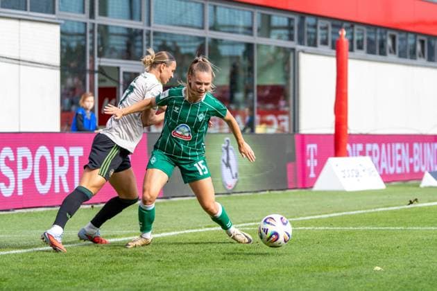 Klara Bühl 17 FC Bayern and Michelle Weiß 15 Bremen in action at the Google Pixel Womens Bundesliga match FC Bayern Munich SV Werder Bremen on 04 10 2025 Munich FC Bayern Campus Bayern Germany