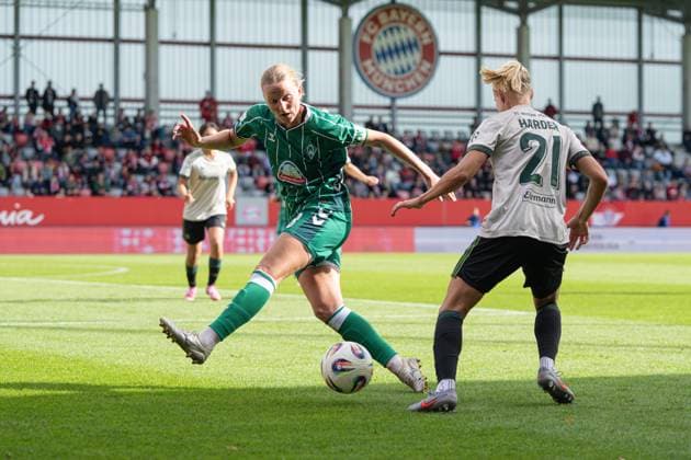 Lina Hausicke 18 Bremen and Pernille Harder 21 Bayern in action at the Google Pixel Womens Bundesliga match FC Bayern Munich SV Werder Bremen on 04 10 2025 Munich FC Bayern Campus Bayern Germany