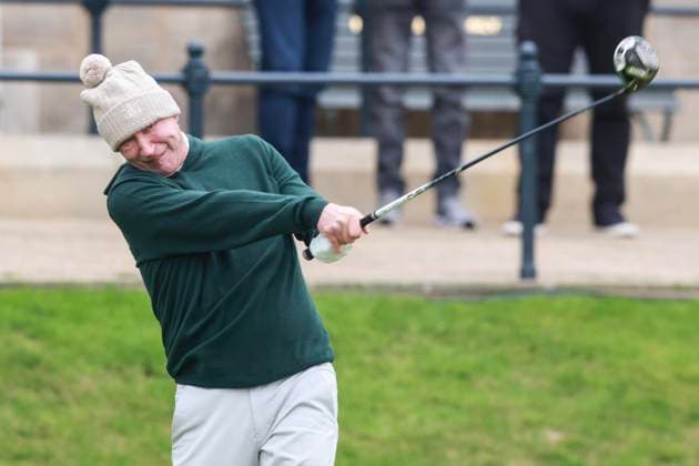 4th October 2025; The Old Course at St Andrews, Fife, Scotland; Alfred Dunhill Links Golf Championship, Round Three; Former Ice hockey, Eishockey star Wayne Gretzky plays a shot from the tee on the first hole at the Old Course, St Andrews during the third round at the Alfred Dunhill Links Championship  DavidxYoung