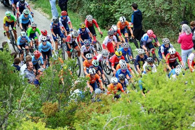 The pack of riders pictured in action during the 116,1 km road race of the Women Elite category at the UEC road European cycling championships, Saturday 04 October 2025, in Loriol-sur-Drome, France. The European cycling championships Drome-Ardeche takes place from 1 to 5 October. DAVIDxPINTENS  x136053003x