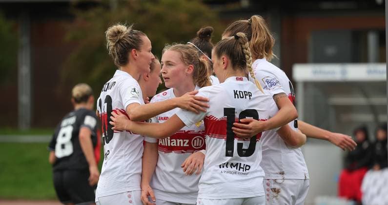 Stuttgart , Soccer 2 Bundesliga , VfB Stuttgart Women vs FC Ingolstadt 04 , VfB cheering , from left Jana Beuschlein Linette Hofmann Leonie Kopp