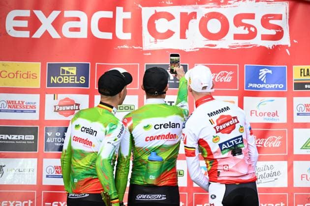 Belgian Laurens Sweeck, Belgian Joran Wyseure and Belgian Michael Vanthourenhout pictured on the podium after the men s elite race of the Exact Cross, stage 1 (out of 7) in the Exact Cross cyclocross competition, in Meulebeke, on Saturday 04 October 2025. MAARTENxSTRAETEMANS  x136057654x