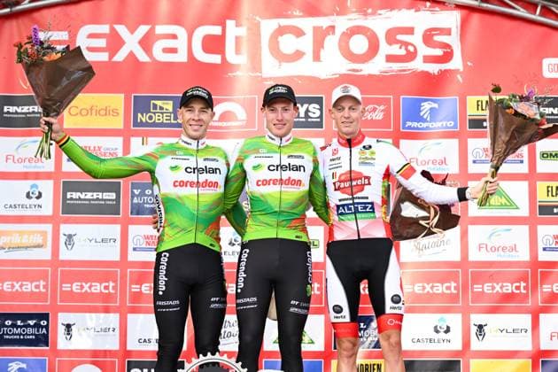 Belgian Laurens Sweeck, Belgian Joran Wyseure and Belgian Michael Vanthourenhout celebrate on the podium after the men s elite race of the Exact Cross, stage 1 (out of 7) in the Exact Cross cyclocross competition, in Meulebeke, on Saturday 04 October 2025. MAARTENxSTRAETEMANS  x136057708x