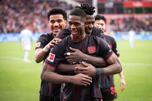 DFL Bayer 04 Leverkusen 1 FC Union Berlin, 04 10 2025 Goal celebration after the 2 0 by Christian Kofane Bayer 04 Leverkusen, 35 Bayer 04 Leverkusen 1 FC Union Berlin on matchday 6 of Bundesliga 1 at the BayArena in Leverkusen on 04 10 2025 THE DFL REGULATIONS PROHIBIT THE USE OF PHOTOS AS IMAGE SEQUENCES AND OR QUASI VIDEO Bayer 04 Leverkusen 1 FC Union Berlin on Matchday 6 of the 1 Bundesliga on 04 10 2025 at the BayArena in Leverkusen DFL REGULATIONS PROHIBIT ANY USE OF PHOTOGRAPHS AS IMAGE SEQUENCES AND OR QUASI VIDEO Bayer 04 Leverkusen 1 FC Union Berlin on matchday 6 of Bundesliga 1 at BayArena in Leverkusen on 04 10 2025 THE DFL REGULATIONS PROHIBIT ANY USE OF PHOTOGRAPHS AS IMAGE SEQUENCES AND OR QUASI VIDEO Bayer 04 Leverkusen 1 FC Union Berlin on matchday 6 of Bundesliga 1 at BayArena in Leverkusen on 04 10 2025 QUASI VIDEO Bayer 04 Leverkusen 1 FC Union Berlin on Matchday 6 of the 1 Bundesliga on 04 10 2025 at the BayArena in Leverkusen DFL REGULATIONS PROHIBIT ANY USE OF PHOTOGRAPHS AS IMAGE SEQUENCES AND OR QUASI VIDEO Copyright: xBEAUTIFULxSPORTS AxelxKohringx