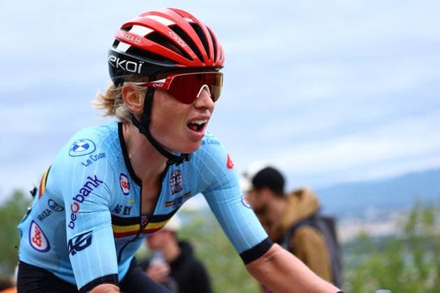 Belgium Lotte Claes pictured in action during the 116,1 km road race of the Women Elite category at the UEC road European cycling championships, Saturday 04 October 2025, in Loriol-sur-Drome, France. The European cycling championships Drome-Ardeche takes place from 1 to 5 October. DAVIDxPINTENS  x136059437x