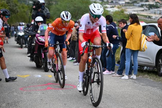 UEC 2025 Road European Championship, EM, Europameisterschaft Drome-Ardeche 04 10 2025 GUILHERAND-GRANGES, FRANCE - OCTOBER 04 : Van Der Breggen Anna (Netherlands) and Niewiadoma Katarzyna Anna (Poland) during the Women Elite cycling road race of the 2025 UEC Road European Championship Drome-Ardeche 10th edition an UCI Continental Championships cycling race of 116.1 km with start in Privas and finish in Guilherand-Granges on October 4, 2025 in Guilherand-Granges, France, 04 10 2025 Guilherand-Granges France  Copyright: xVincentxKalutx