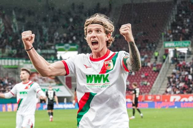 1 Bundesliga 2025 2026 6 Matchday 04 10 2025 FC Augsburg vs VfL Wolfsburg WWK Arena Augsburg, Germany Kristijan Jakic FC Augsburg celebrates after scoring to make it 3 1 Copyright: xLukaxKolanovicx
