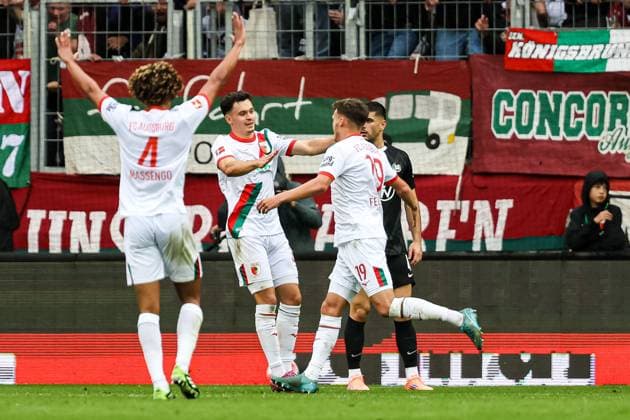 Goal for Augsburg 3 0 by Robin Fellhauer FC Augsburg 19 Cheers in the team Han Noah Massengo FC Augsburg 04 , Fabian Rieder FC Augsburg 32 GER, FC Augsburg vs VfL Wolfsburg, 1 Bundesliga Soccer, Matchday 06, Season 2025 2026, 04 10 2025 DFB DFL REGULATIONS PROHIBIT ANY USE OF PHOTOGRAPHS AS IMAGE SEQUENCES AND OR QUASI VIDEo GER, FC Augsburg vs VfL Wolfsburg, 1 Bundesliga Soccer, 06 Matchday, Season 2025 2026, 04 10 2025 Augsburg Copyright: xEibner-Pressefoto RogerxBuerkex EP_RBE