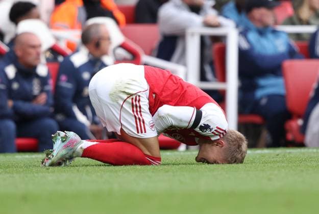 Martin Odegaard (A) injured at the Arsenal v West Ham United EPL match, at the Emirates Stadium, London, UK on 4th October, 2025. 