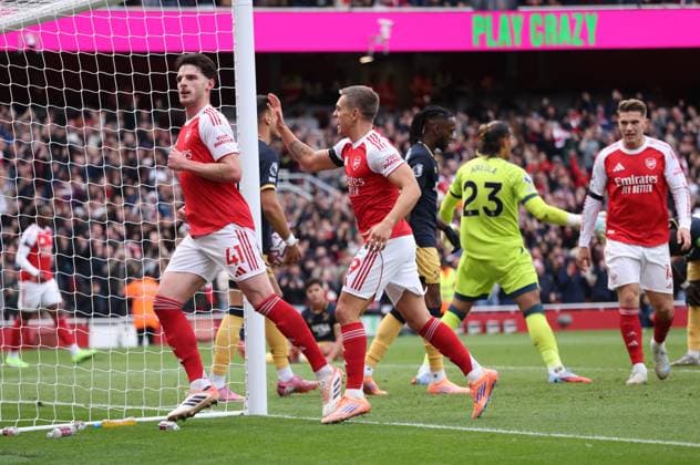 Declan Rice (A) looks at the West Ham fans after scoring the first Arsenal goal (1-0) at the Arsenal v West Ham United EPL match, at the Emirates Stadium, London, UK on 4th October, 2025. 