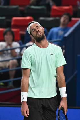 (251004) -- SHANGHAI, Oct. 4, 2025 -- Karen Khachanov reacts during the men s singles round of 64 match between Karen Khachanov of Russia and Shang Juncheng of China at the ATP, Tennis Herren World Tour Shanghai Masters tennis tournament in Shanghai, east China, Oct. 4, 2025. ) (SP)CHINA-SHANGHAI-TENNIS-ATP TOUR-SHANGHAI MASTERS-MEN S SINGLES (CN) ChenxHaoming 