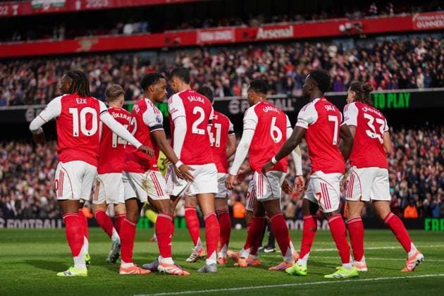 LONDON, ENGLAND - OCTOBER 4: Declan Rice of Arsenal celebrating his goal to make it 1-0 during the Premier League match between Arsenal and West Ham United at Emirates Stadium on October 4, 2025 in London, England. (Photo by Dylan Hepworth) SPO 
