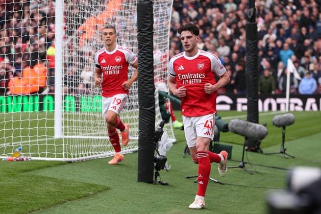 4th October 2025; Emirates Stadium, London, England; Premier League Football, Arsenal versus West Ham United; Declan Rice of Arsenal celebrates his goal in the 38th minute for 1-0  KatiexChan