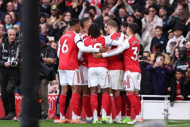 4th October 2025; Emirates Stadium, London, England; Premier League Football, Arsenal versus West Ham United; Bukayo Saka of Arsenal celebrates his goal from a penalty kick in the 67th minute for 2-0  KatiexChan
