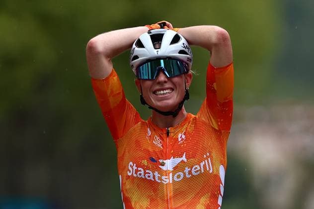 Netherlands Demi Vollering celebrates as she crosses the finish line to win the Women Elite road race of 116,1 km at the UEC road European cycling championships, Saturday 04 October 2025, in Loriol-sur-Drome, France. The European cycling championships Drome-Ardeche takes place from 1 to 5 October. DAVIDxPINTENS  x136063631x
