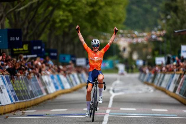 Netherlands Demi Vollering celebrates as she crosses the finish line to win the 116,1 km road race of the Women Elite category at the UEC road European cycling championships, Saturday 04 October 2025, in Loriol-sur-Drome, France. The European cycling championships Drome-Ardeche takes place from 1 to 5 October. DAVIDxPINTENS  x136065813x