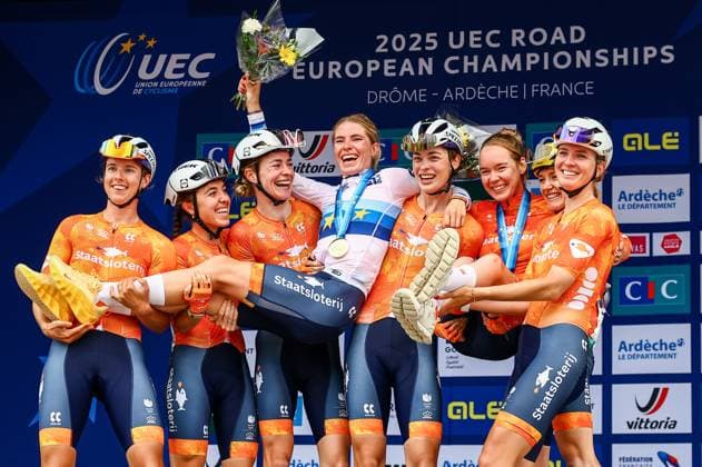 Netherlands Demi Vollering celebrates with her teammates after winning the 116,1 km road race of the Women Elite category at the UEC road European cycling championships, Saturday 04 October 2025, in Loriol-sur-Drome, France. The European cycling championships Drome-Ardeche takes place from 1 to 5 October. DAVIDxPINTENS  x136066305x