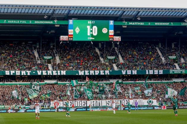 St Pauli banner in Bremen Bremen fan block side by side fan friendship Germany , Bremen , Weserstadion , Football , 1 Bundesliga , SV Werder Bremen FC St Pauli