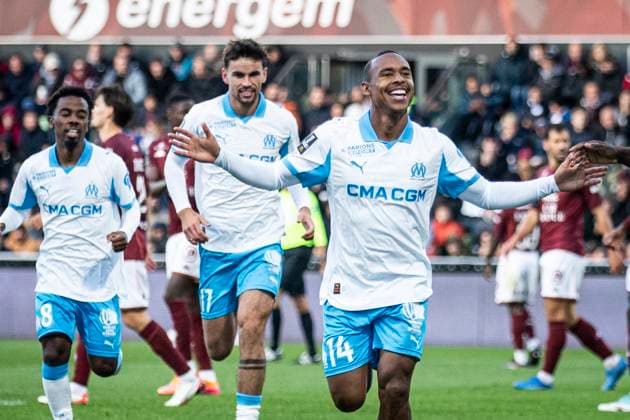 FOOTBALL: Ligue 1 Metz vs Marseille. 04 10 2025 stade saint-symphorien Joie des joueurs de l equipe de Marseille apres le but de Igor Paixao 14  Copyright: xElyxandroxCEGARRAx