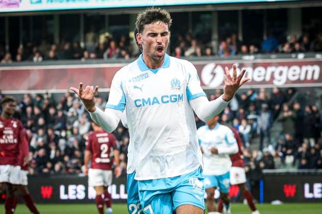 FOOTBALL: Ligue 1 Metz vs Marseille. 04 10 2025 stade saint-symphorien Joie des joueurs de l equipe de Marseille apres le but de Matt O Riley 17  Copyright: xElyxandroxCEGARRAx