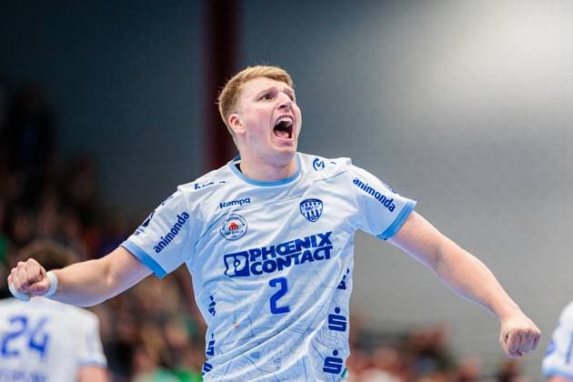 Lukas Hutecek TBV Lemgo Lippe, 02 cheers after scoring goal GER, GWD Minden vs TBV Lemgo Lippe, Handball, 1 Bundesliga, Matchday 7, Season 2025 2026, 04 10 2025 GER, GWD Minden vs TBV Lemgo Lippe, Handball, 1 Bundesliga, Matchday 7, Season 2025 2026, 04 10 2025 Luebbecke Copyright: xEibner-Pressefoto JanxRollingerx EP_JSK