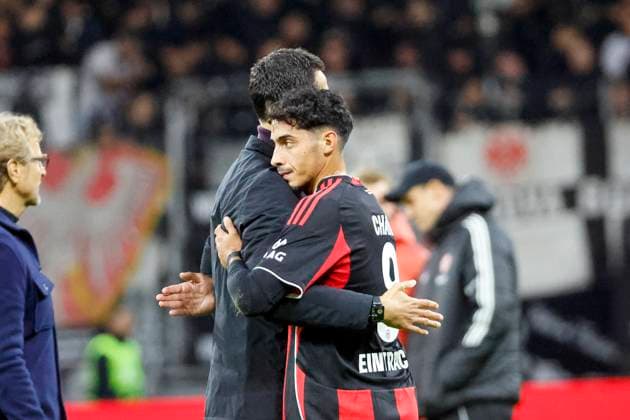 Dino Toppmöller, Toppmoller Eintracht Frankfurt, Coach and Fares Chaibi Eintracht Frankfurt, 08 after the match , Germany, Football, 1 Bundesliga, Matchday 6, 2025 2026, Eintracht Frankfurt vs FC Bayern Munich, 04 10 2025, Deutsche Bank Park, Frankfurt am Main, Germany Frankfurt am Main Deutsche Bank Park Hessen Germany Copyright: xGrantxHubbsx