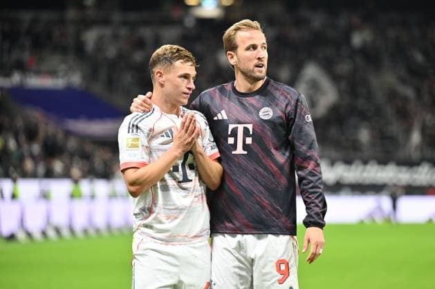 Soccer 1 Bundesliga 6 Matchday Eintracht Frankfurt FC Bayern Munich on 04 10 2025 at Deutsche Bank Park in Frankfurt Joshua Kimmich Munich Harry Kane Munich DFL regulations prohibit any use of photographs as image sequences and or quasi video xJKx