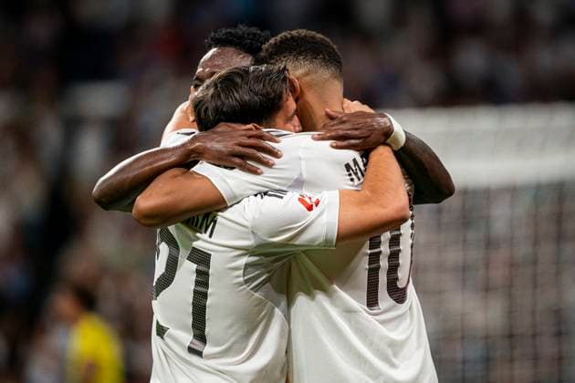 REAL MADRID CF v VILLARREAL CF. LA LIGA 2025 2026. ROUND 8. Real Madrid CF™s Kylian Mbappe, Vinicius Junior and Brahim Diaz celebrate goal during La Liga match. October 4, 2025. (ALTERPHOTOS Toni Garrido) MadridSpain  Copyright: xTonixGarridox