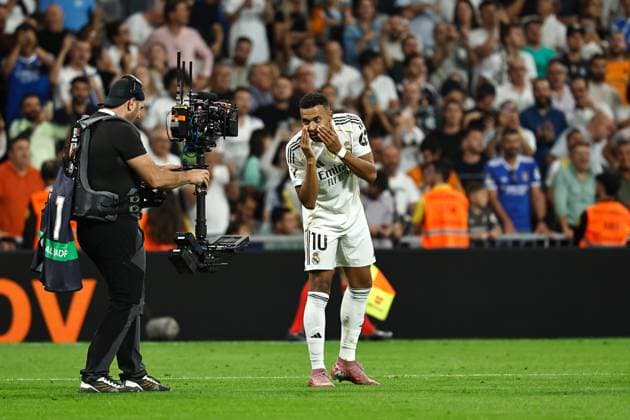 Kylian Mbappe (Real), OCTOBER 4, 2025 - Football Soccer : Mbappe celebrate after his goal during Spanish LaLiga EA Sports match between Real Madrid CF - Villarreal CF at the Estadio Santiago Bernabeu in Madrid, Spain. Noxthirdxpartyxsales  aflo_305918223
