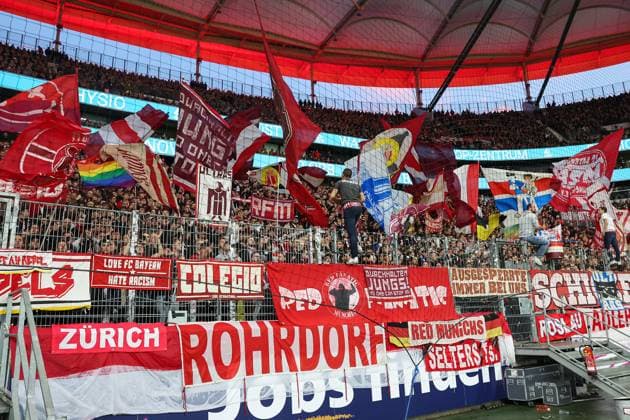 Soccer 1 Bundesliga Eintracht Frankfurt FC Bayern Munich on 04 10 2025 at Deutsche Bank Park in Frankfurt The fans of FC Bayern Munich Muenchen waving flags in the guest block MH