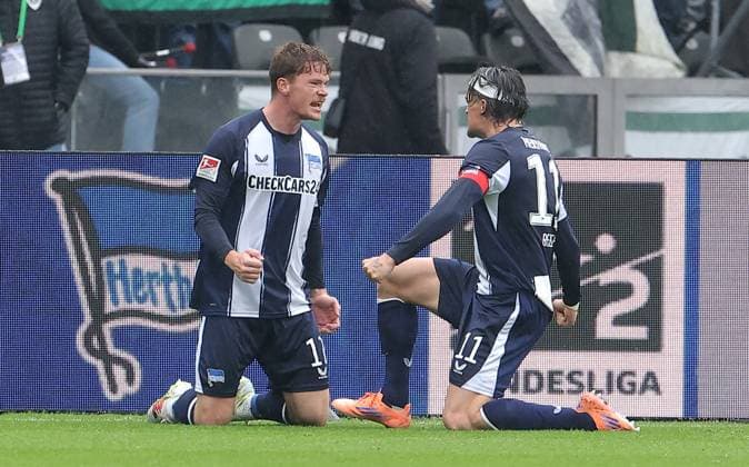 Sebastian Grönning cheers after 1 0 with Fabian Reese Joy Emotion Jubilation Sport Football Soccer DFL 2 Bundesliga Men 8 Matchday Season 2025 2026 04 10 2025 Hertha BSC Berlin vs Preußen Münster DFL regulations prohibit any use of photographs as image sequences and or quasi video