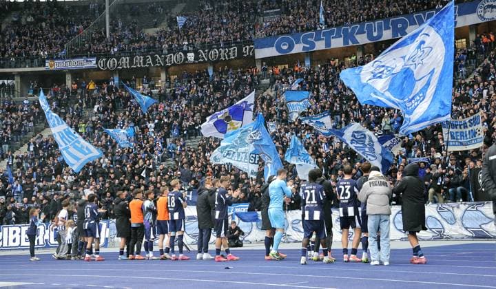 Hertha team celebrates victory in front of the fans Joy Emotion Jubilation Final cheer Sport Football Soccer DFL 2 Bundesliga Men 8 Matchday Season 2025 2026 04 10 2025 Hertha BSC Berlin vs Preußen Münster DFL regulations prohibit any use of photographs as image sequences and or quasi video