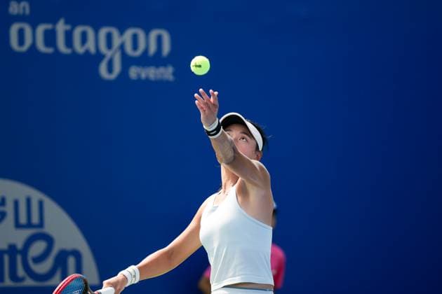 WUHAN, CHINA - OCTOBER 05: Wang Yafan of China returns a shot in the Women s Singles Qualifying second round match against Katerina Siniakova of Czech Republic on day 2 of 2025 Wuhan Open at Optics Valley International Tennis Center on October 5, 2025 in Wuhan, Hubei Province of China.  Copyright: xVCGx 111595174126
