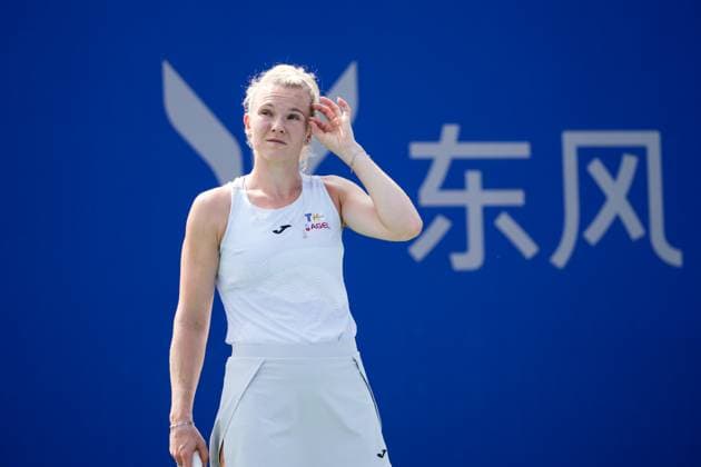 WUHAN, CHINA - OCTOBER 05: Katerina Siniakova of Czech Republic reacts in the Women s Singles Qualifying second round match against Wang Yafan of China on day 2 of 2025 Wuhan Open at Optics Valley International Tennis Center on October 5, 2025 in Wuhan, Hubei Province of China.  Copyright: xVCGx 111595174114