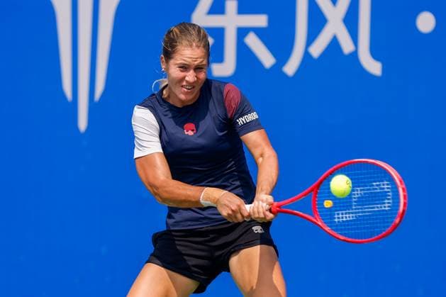 WUHAN, CHINA - OCTOBER 05: Anastasia Zakharova returns a shot in the Women s Singles Qualifying second round match against Bianca Andreescu of Canada on day 2 of 2025 Wuhan Open at Optics Valley International Tennis Center on October 5, 2025 in Wuhan, Hubei Province of China.  Copyright: xVCGx 111595178926