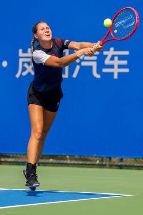 WUHAN, CHINA - OCTOBER 05: Anastasia Zakharova returns a shot in the Women s Singles Qualifying second round match against Bianca Andreescu of Canada on day 2 of 2025 Wuhan Open at Optics Valley International Tennis Center on October 5, 2025 in Wuhan, Hubei Province of China.  Copyright: xVCGx 111595178921