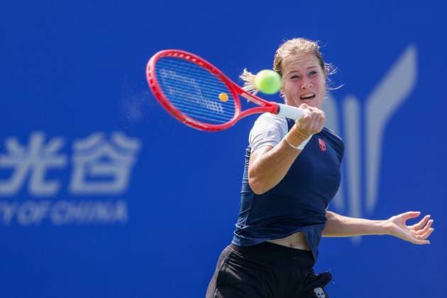 WUHAN, CHINA - OCTOBER 05: Anastasia Zakharova returns a shot in the Women s Singles Qualifying second round match against Bianca Andreescu of Canada on day 2 of 2025 Wuhan Open at Optics Valley International Tennis Center on October 5, 2025 in Wuhan, Hubei Province of China.  Copyright: xVCGx 111595178907