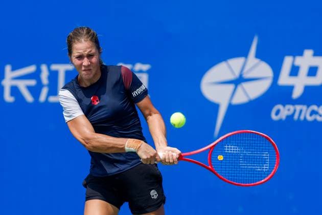 WUHAN, CHINA - OCTOBER 05: Anastasia Zakharova returns a shot in the Women s Singles Qualifying second round match against Bianca Andreescu of Canada on day 2 of 2025 Wuhan Open at Optics Valley International Tennis Center on October 5, 2025 in Wuhan, Hubei Province of China.  Copyright: xVCGx 111595178880