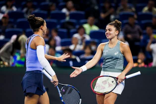 BEIJING, CHINA - OCTOBER 05: Sara Errani and Jasmine Paolini of Italy react in the Women s Doubles Final match against Miyu Kato of Japan and Fanny Stollar of Hungary on day 14 of the 2025 China Open at the National Tennis Center on October 5, 2025 in Beijing, China.  Copyright: xVCGx 111595191370