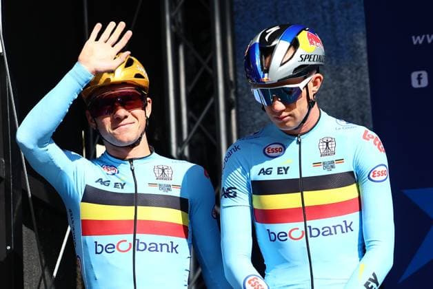 Belgium Remco Evenepoel (L) pictured ahead of the Men Elite raod race, a 202,5 km from Privas to Guilherand-Granges, at the UEC road European cycling championships, Sunday 05 October 2025, France. The European cycling championships Drome-Ardeche takes place from 1 to 5 October, France. DAVIDxPINTENS  x136116845x
