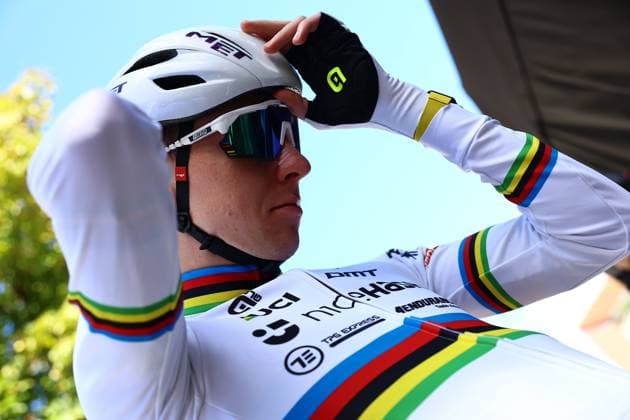 World champion Slovenia Tadej Pogacar pictured ahead of the Men Elite raod race, a 202,5 km from Privas to Guilherand-Granges, at the UEC road European cycling championships, Sunday 05 October 2025, France. The European cycling championships Drome-Ardeche takes place from 1 to 5 October, France. DAVIDxPINTENS  x136117185x